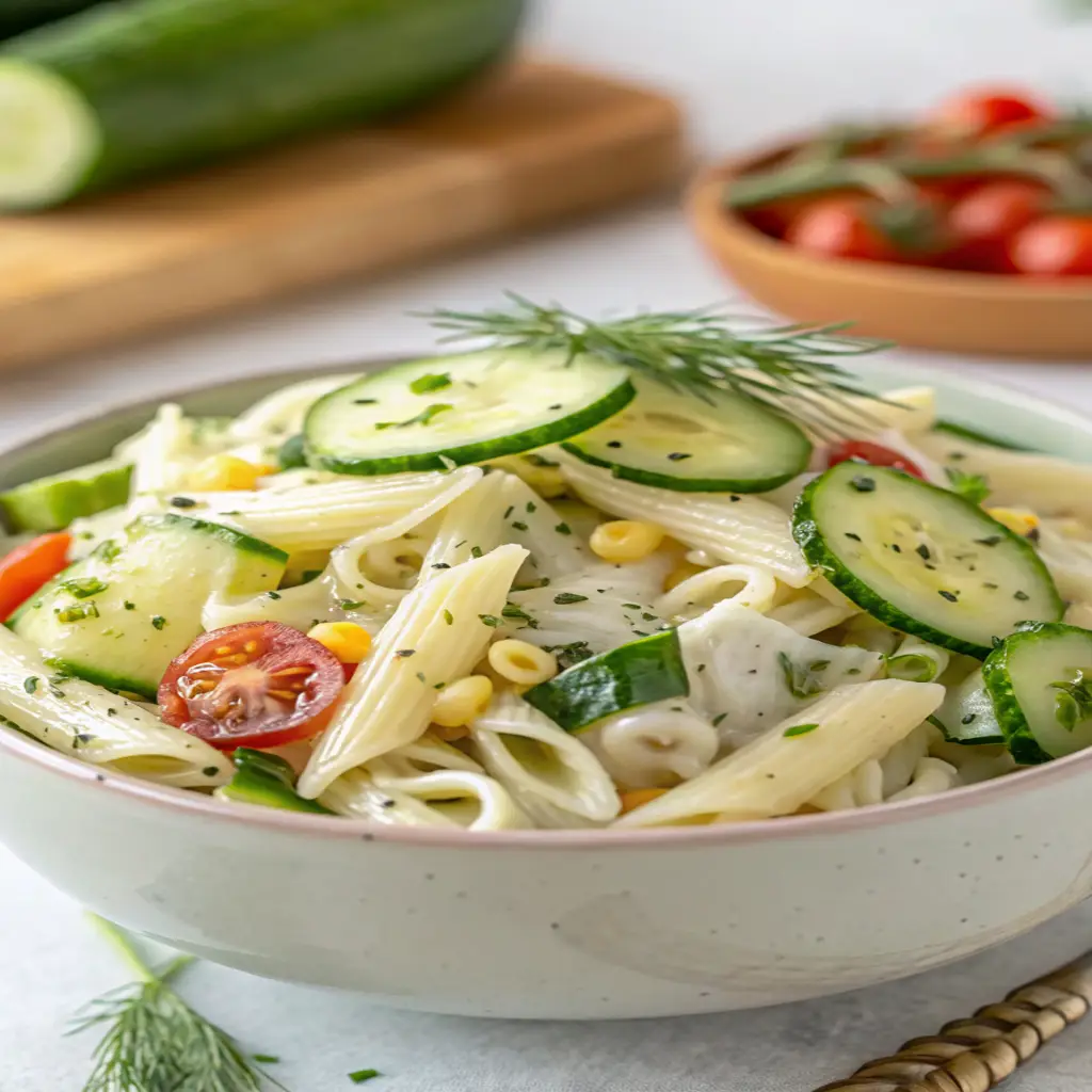 Cucumber Pasta Salad Delight With Creamy Dressing