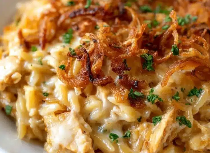 French Onion Chicken Orzo Casserole