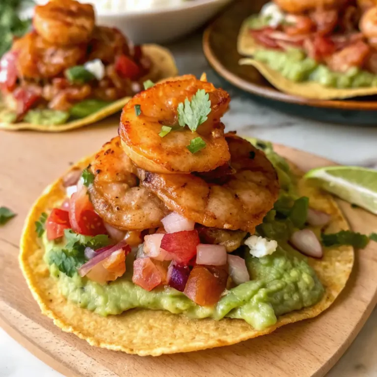 shrimp tostada on crispy corn tortillas with avocado and cabbage
