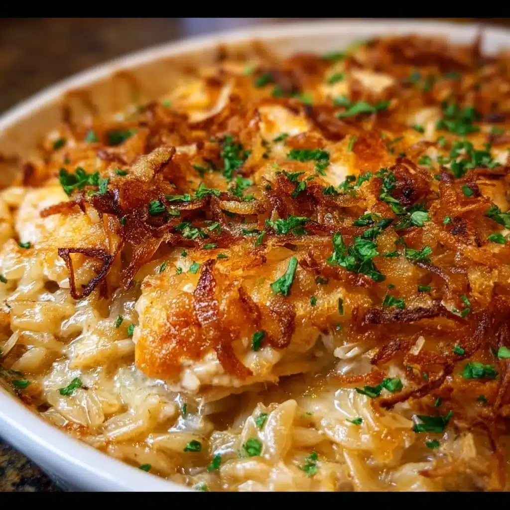 French Onion Chicken Orzo Casserole