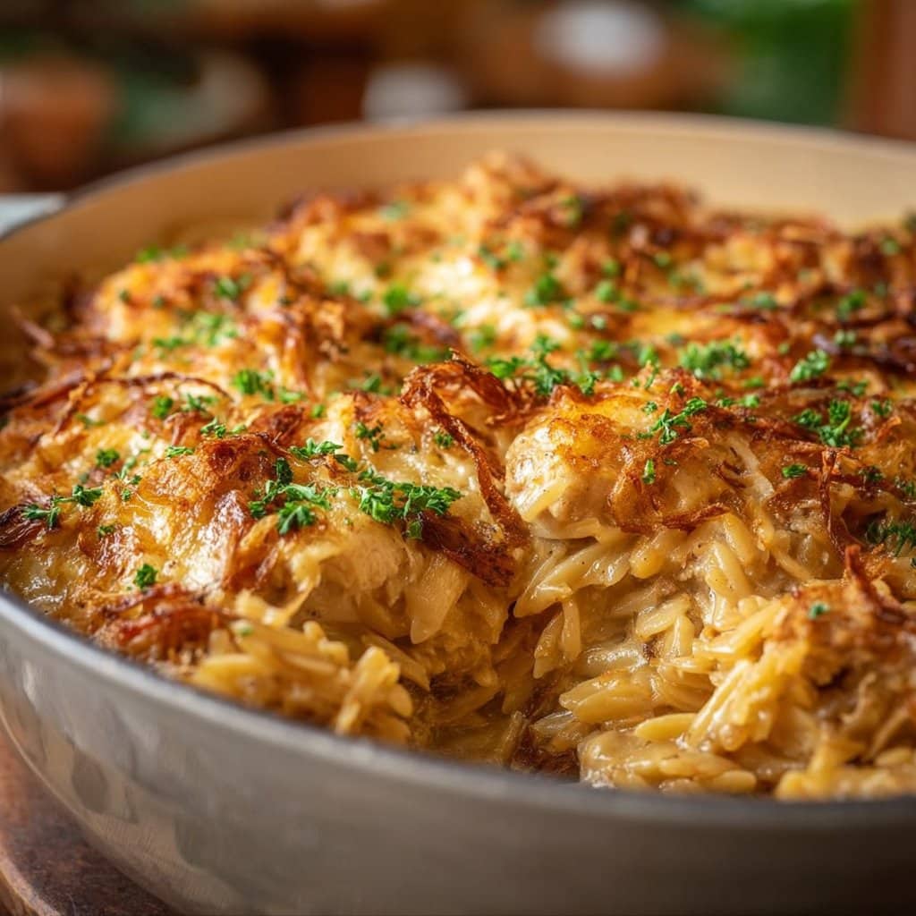 French Onion Chicken Orzo Casserole