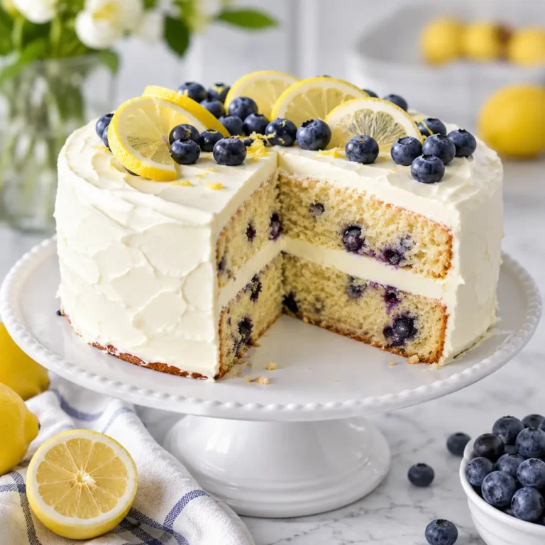 Fresh Lemon Blueberry Cake with cream cheese frosting and blueberries.