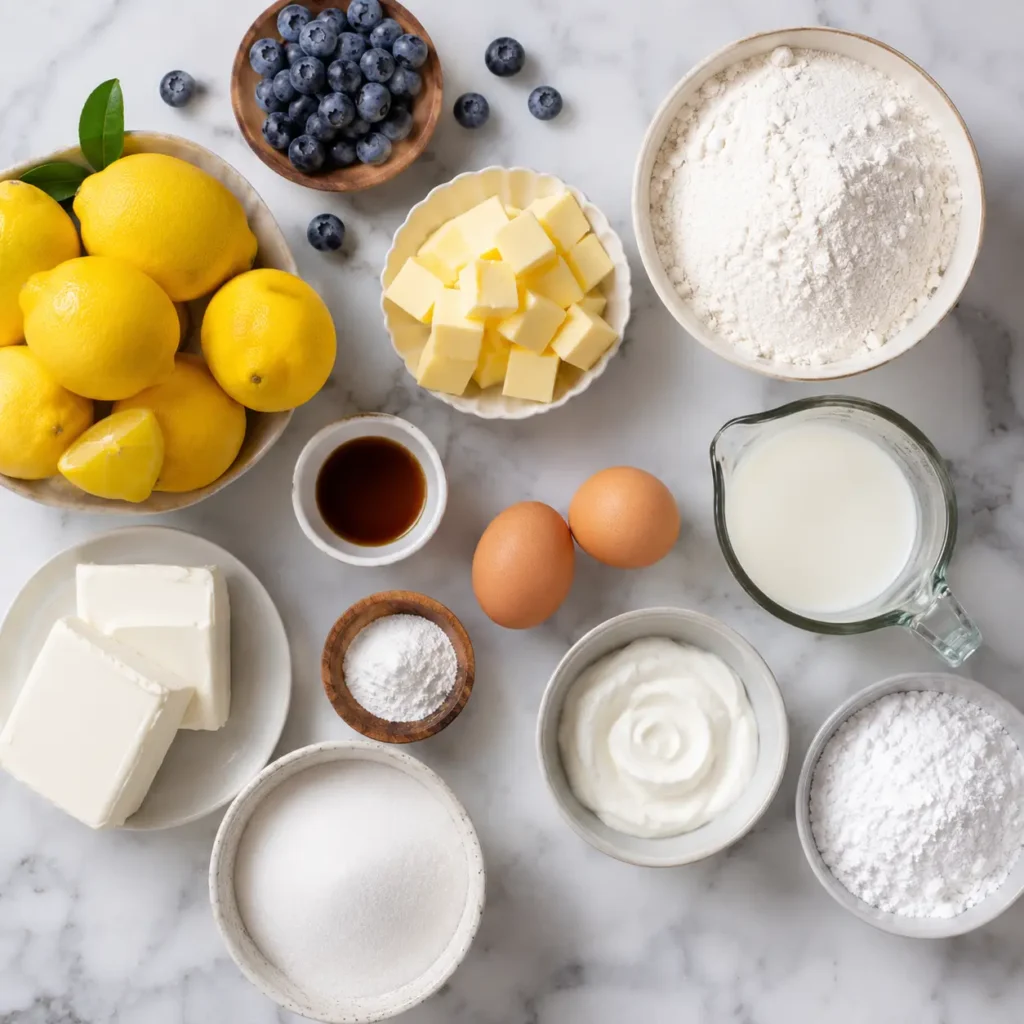 Ingredients for homemade Lemon Blueberry Cake.