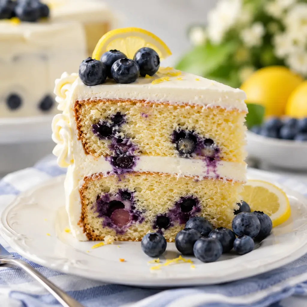 Slice of Lemon Blueberry Cake served on dessert plate.
