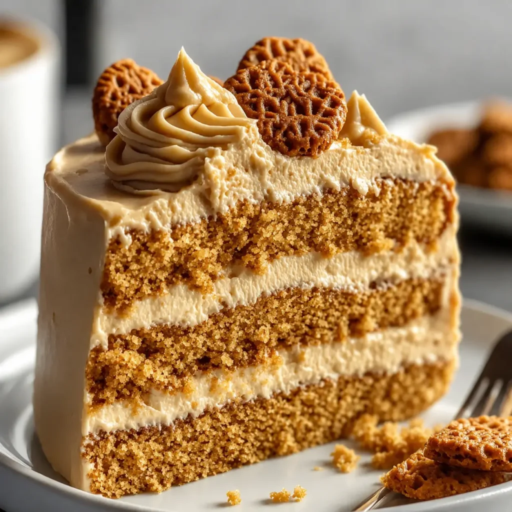 Slice of Biscoff Cookie Butter Cake served with coffee.