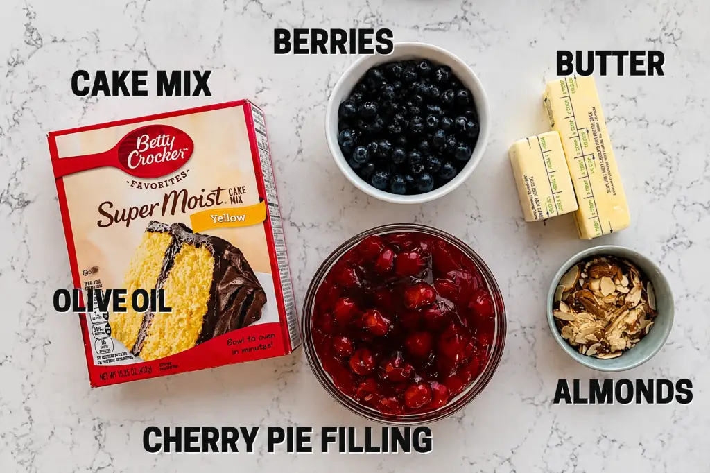Ingredients for Cherry Berry Dump Cake including cherry pie filling, blueberry pie filling, cake mix, butter, and almonds.