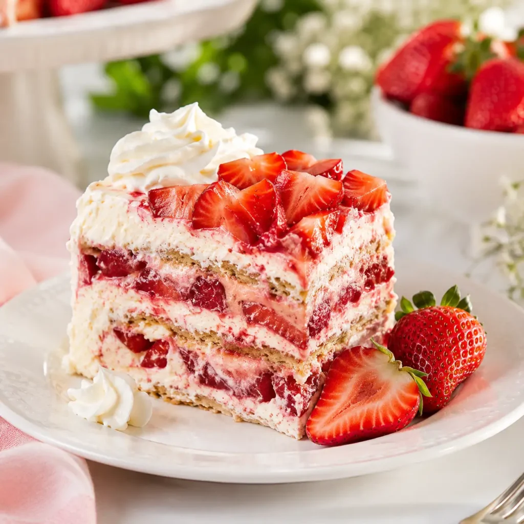 Slice of Strawberry Icebox Cake served on a dessert plate.
