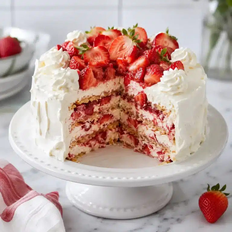 Creamy Strawberry Icebox Cake topped with fresh strawberries and whipped cream.